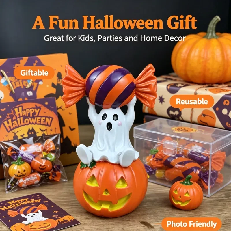 Cute Spooky Ghost Holding Candy Pumpkin Halloween Resin Ornament for Indoor Home Haunted House Party Gift