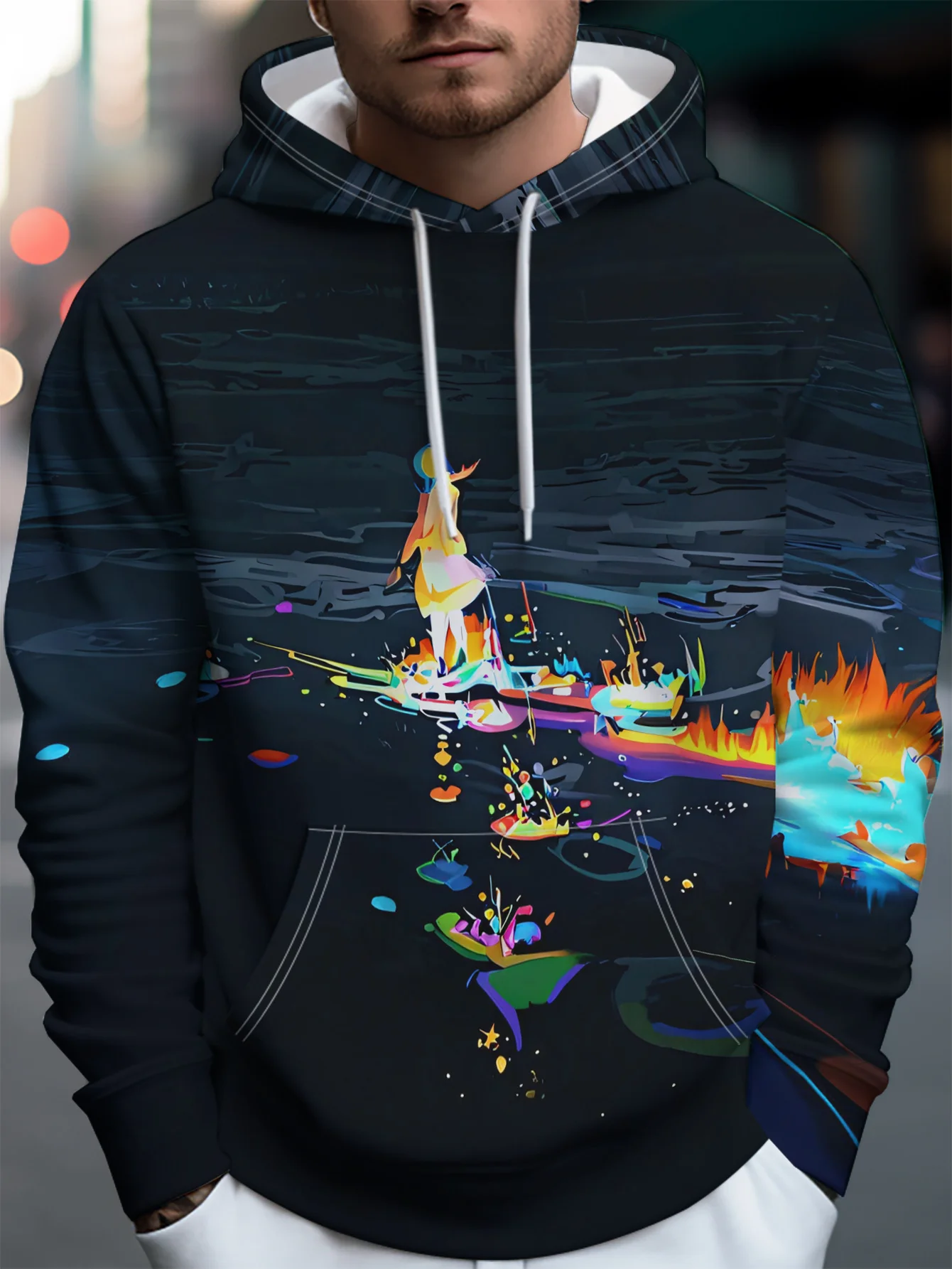 Men Colorful Splash Abstract Figure Dark Background 3D Print Hoodie Art Painting Graphic Casual Long Sleeve Hooded Sweatshirt