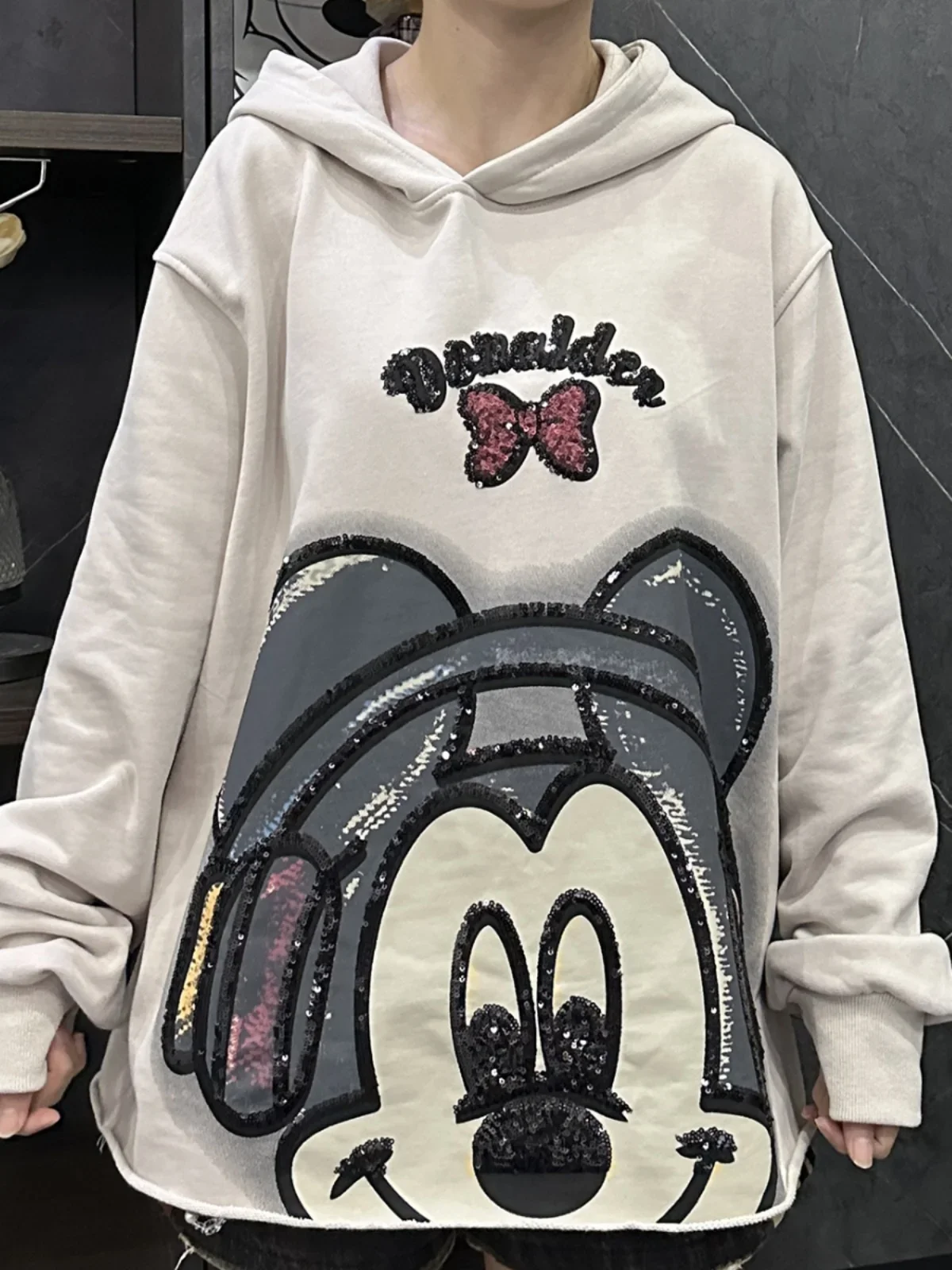 Autumn New Heavy Industry Sequin Printing Cartoon Bow Hooded Sweatshirts Women Loose Long Sleeve Pullover Top Kawaii Clothes