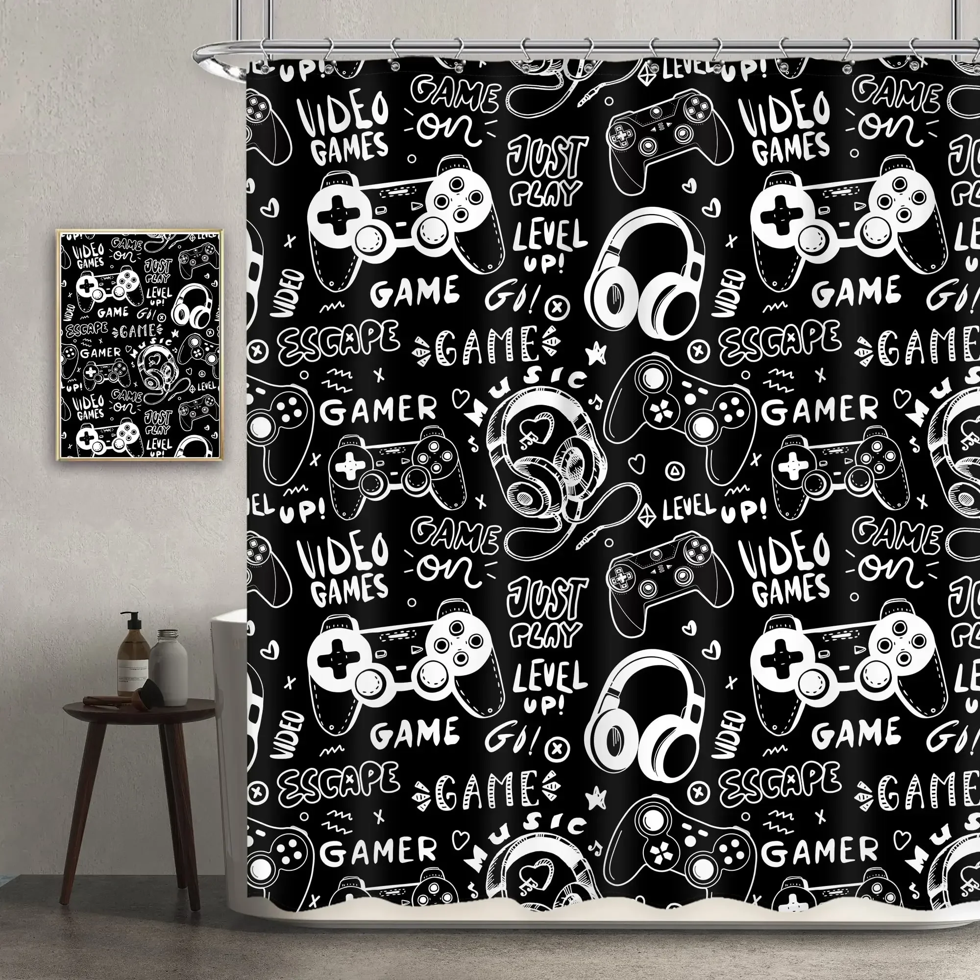 Gamer Modern Gamepad Printed Shower Curtain Kids Teen Boys Gaming Shower Curtain Bathroom Waterproof Fabric Screen with Hooks
