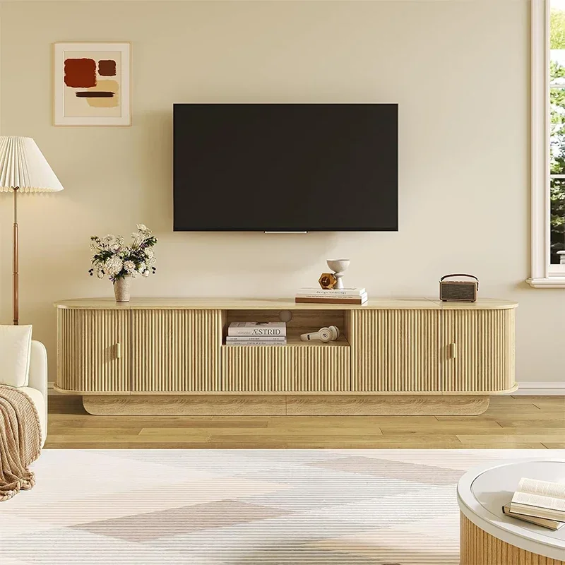 Cream Style White Solid Wood TV Cabinet Light Luxury Groove Design Cabinet Door Locker Customization