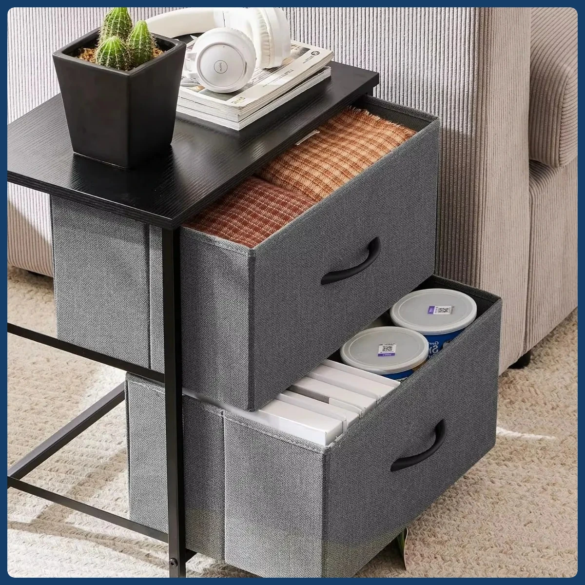 Comodino piccolo multifunzionale: 2 cassetti portaoggetti, piano in legno, armadietto in tessuto per l'organizzazione del comodino nella cameretta dei bambini o nel dormitorio