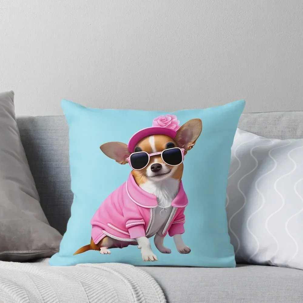 Cute Chihuahua wearing a pink shirt and hat with sunglass sitting on the Beach Essential Throw Pillow Pillow Case pillow