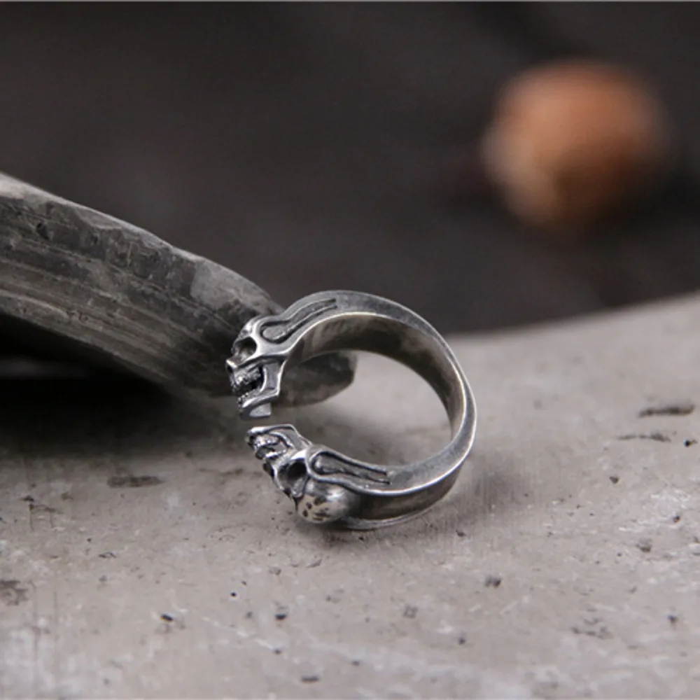 Retro Trendy Punk Skull Ring Opening Adjustable Personalized Double Skull Ghost Ring Hip-hop Rock Street Niche Party Jewelry
