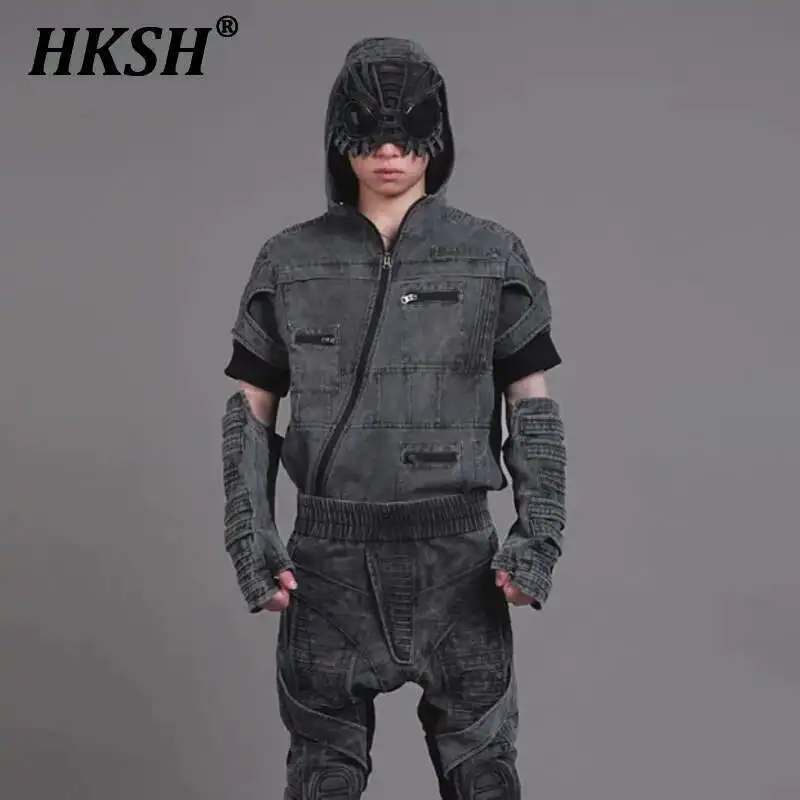 

HKSH Summer Spring New Men's Tide Punk Waste Land Style Asymmetric Cotton Hooded Shirts Tactical Chic Coat Women Dark Top HK1316