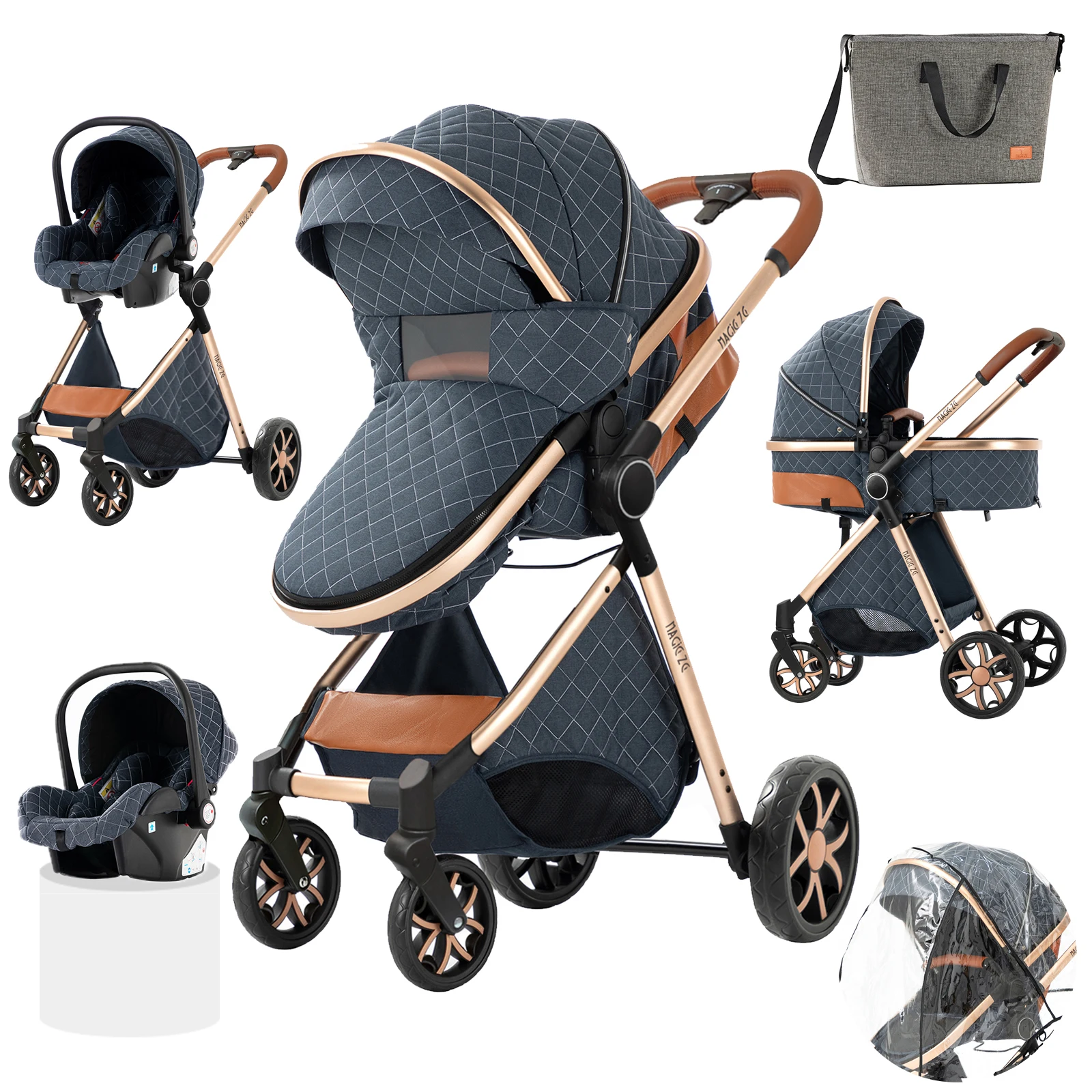 3-in-1 Baby-Kinderwagen-Reisesystem, Kinderwagen mit Autositz, leichter Rahmen, kompakt zusammenklappbar, hohe Sitzposition, stoßdämpfende Räder, umkehrbarer Sitz, mehrfach verstellbare Rückenlehne,