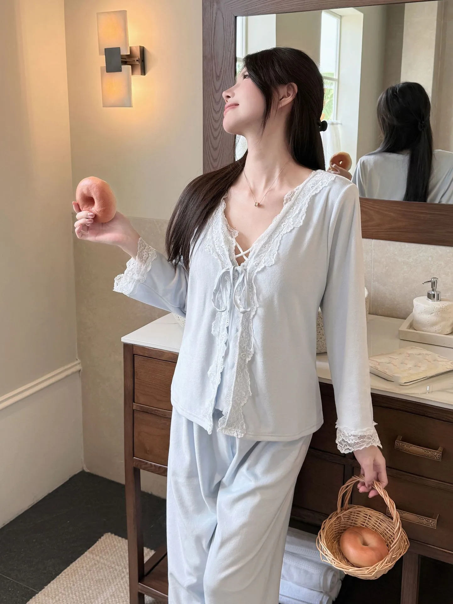 Sweet Lace Trim Pajamas For Women Autumn Winter Long Sleeve Trouser Suits Pyjama Femme Loose Casual Home Clothes Set