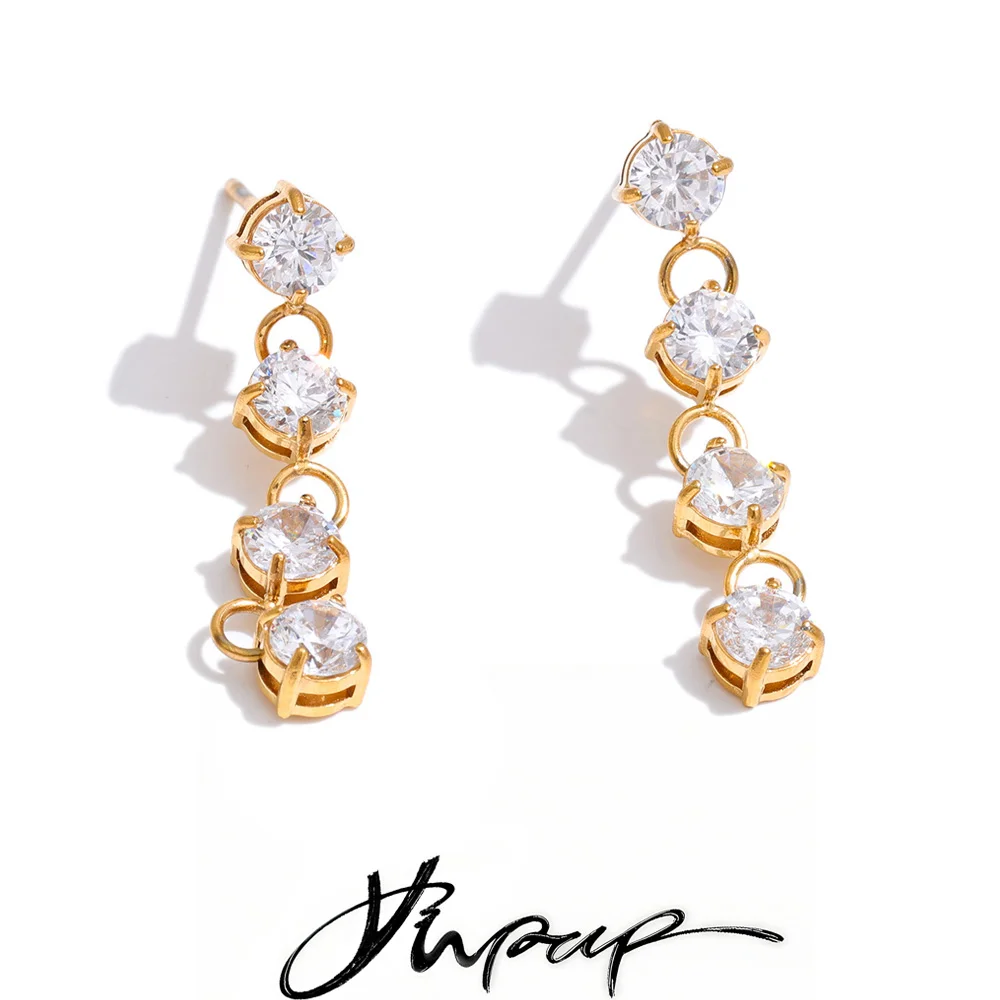 Yhpup Delicate Cubic Zirconia Round Chain Drop Earrings for Women High-Grade Stainless Steel Premium Shiny Jewelry Recommend