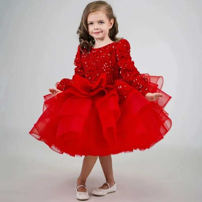 

Children Red Long Sleeve Ball Gown Party Dress for Piano Performance Fashion Show Host New Kids Princess Elegant Dress Costume