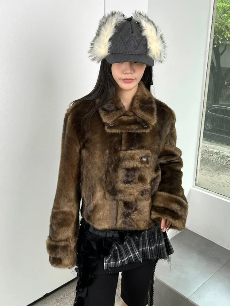 Casual Fur Coat Women's ort Plu Button up Collar Vintage Sle Artificial Hair Warmth Long Sve Stand Fit Straight Hem