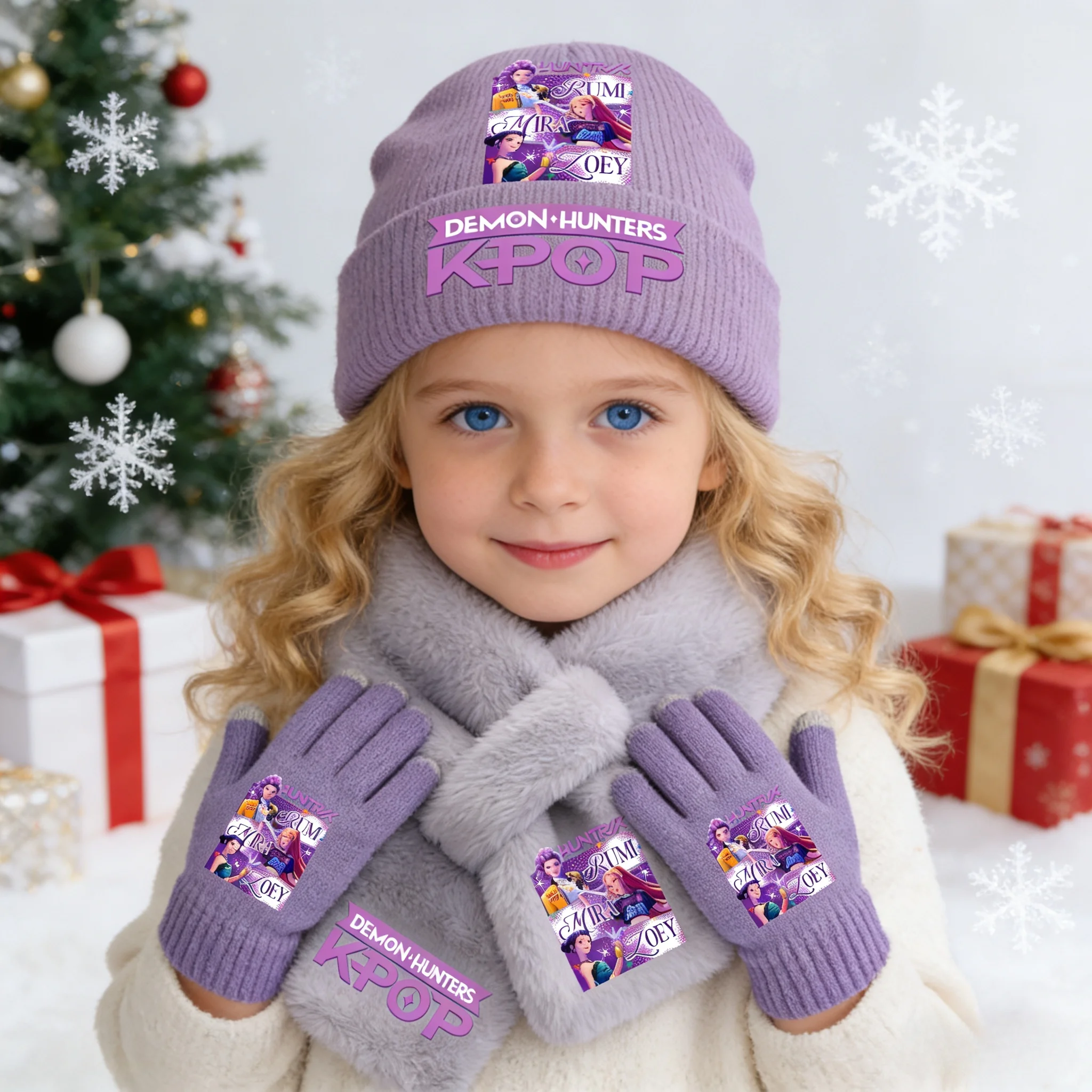 

KPop охотники на демонов, 3 шт., зимняя теплая повседневная вязаная шапка для девочек, шарф, набор перчаток, мягкие вязаные аксессуары, подарки на день рождения