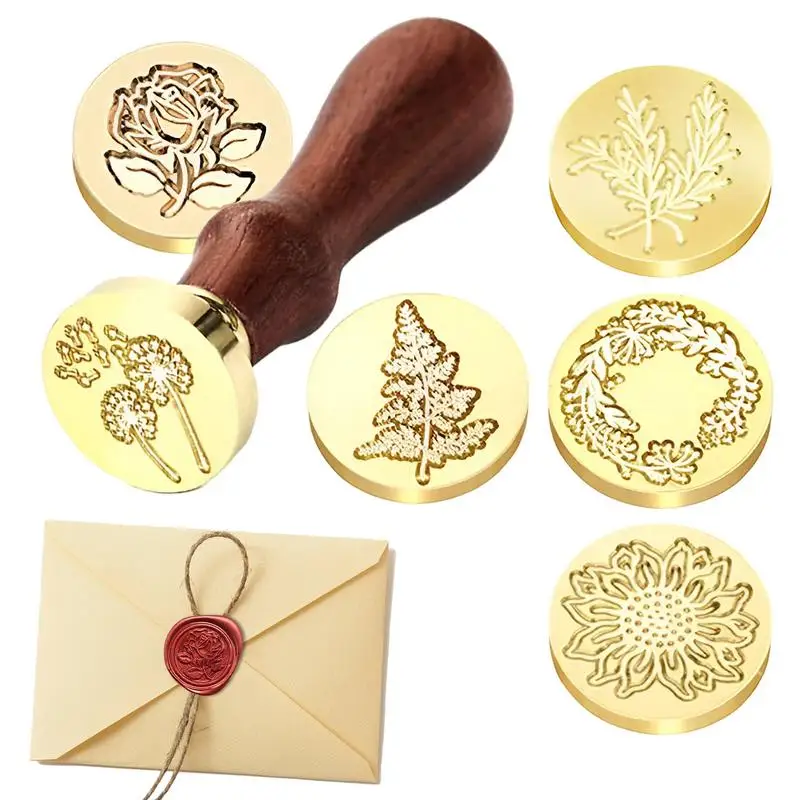 Wax Sealing Stamp 6 Flower Pattern Wax Seal Stamp For Crafting Wooden Handle Stamp Kit For Wedding Invitations Brass Head For