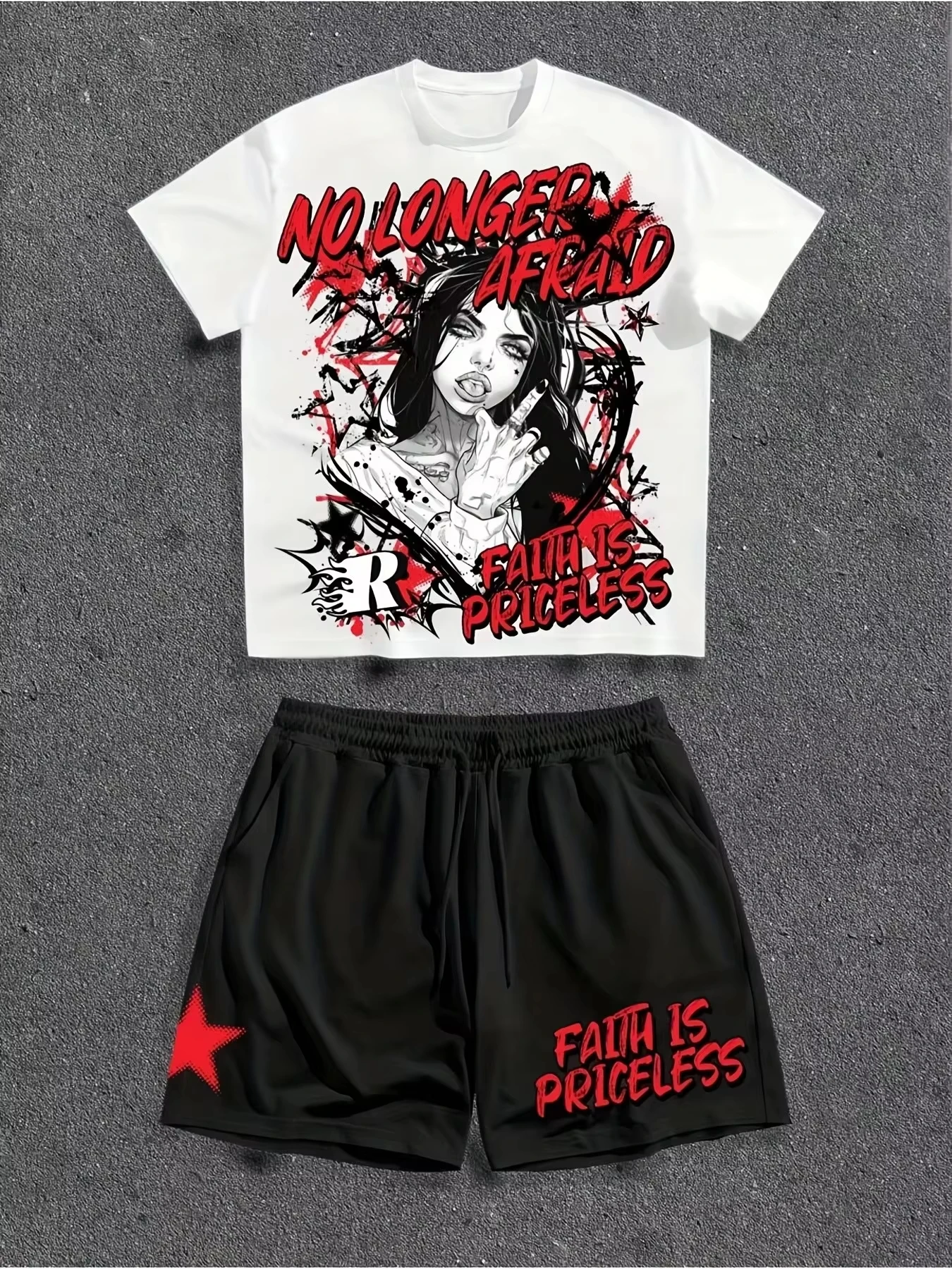 Conjunto Masculino de Moda 2026, Estilo Gótico con Cruz y Grafiti, Contraste Blanco y Rojo, Camiseta Casual 3D de Gran Tamaño