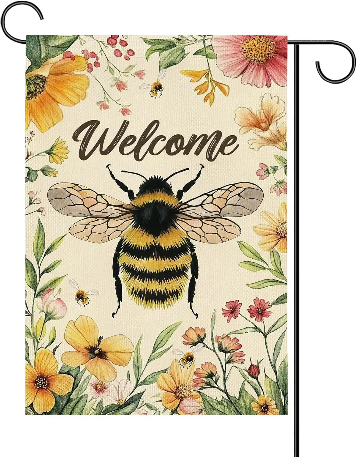 MASLEK Bee Decor Garden Flag Yellow Bee and Floral on Beige Backdrop Double Sided Burlap Welcome Garden Flag for Home Porch  zzo