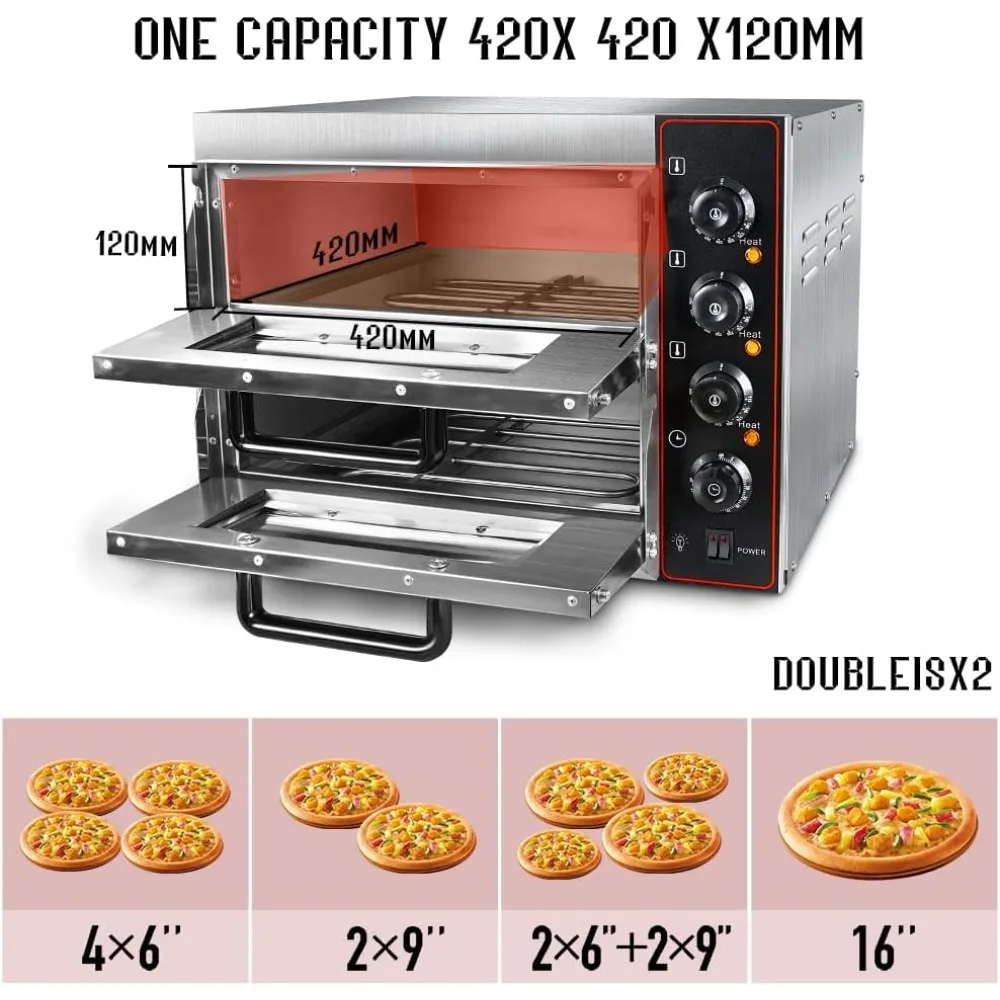 Commercial Pizza Oven 16 inch Pizza Double Deck 3000W 110V Electric Oven Multipurpose Toaster Bake Broiler 40L Capacity