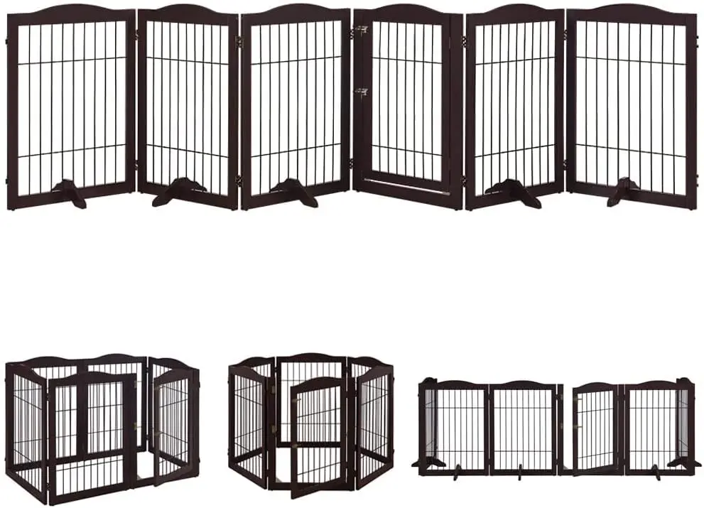 Espresso/White 6 Panel Eco-friendly Freestanding Configurable Dog Gate With Walk Through Door