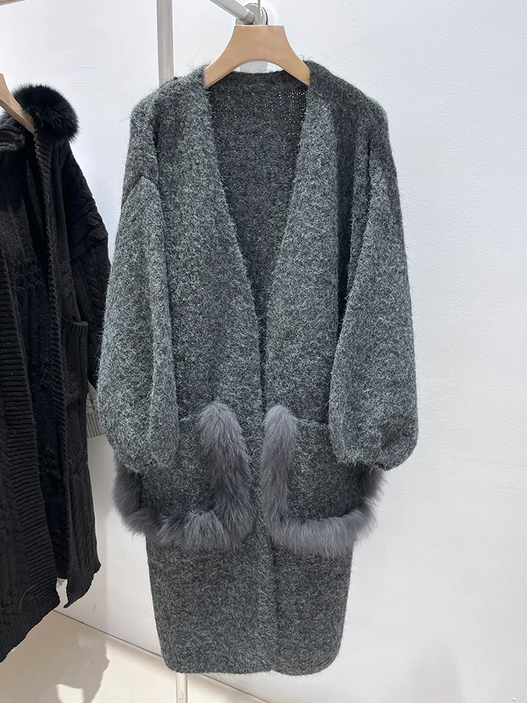 

Spring Autumn Women Real Fox Fur Caedigan Knitting Loose Natural Fox Fur Decoration Lady's Long Sweater Coat