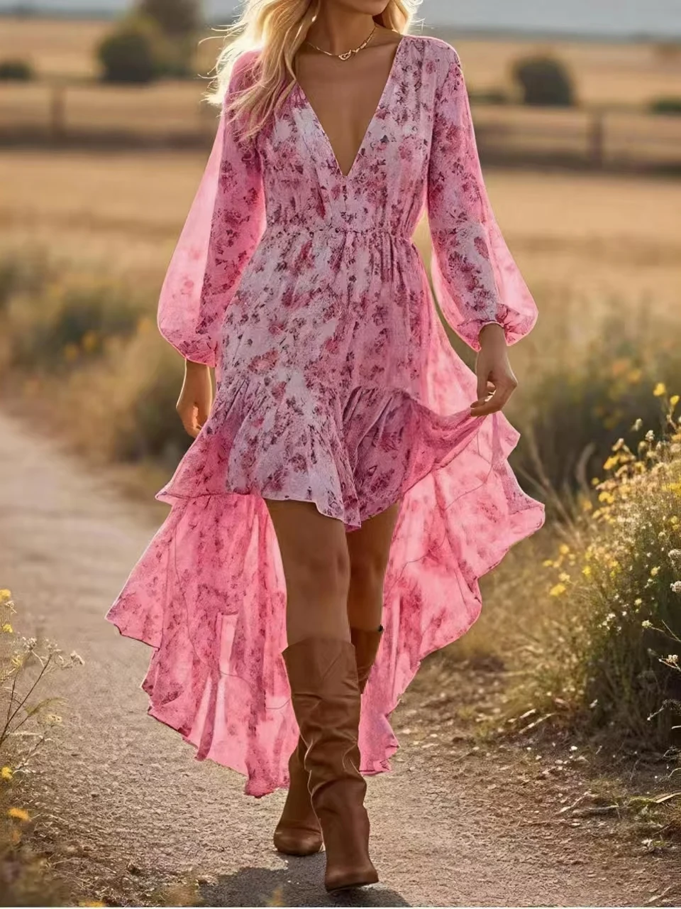 N V넥 롱 스커트 프린트 드레스 불규칙한 밑단 하이웨이스트 플로럴 패턴 데일리웨어 드레스