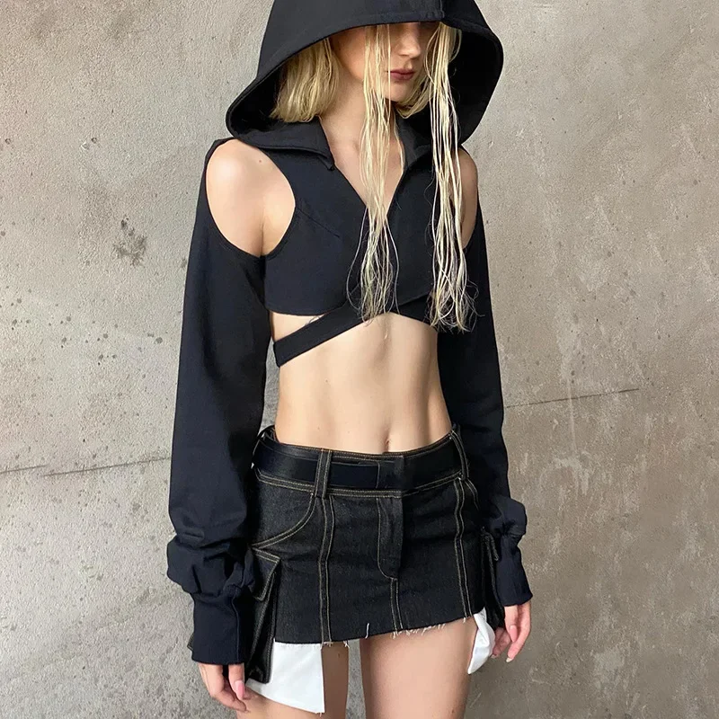 Hooded Long Sleeve Crop Tops Subversive Clothing Y2k Streetwear Women Trendy Sexy T-Shirts Grunge Clothes