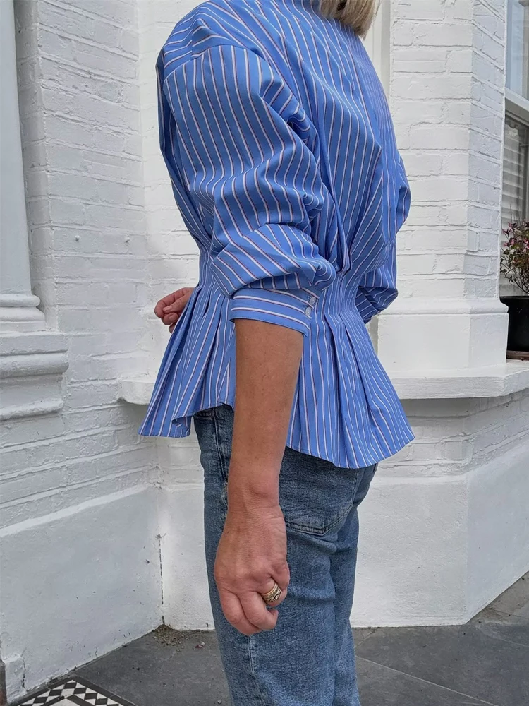 MUJER Striped Ruched Shirts and Blouses Woman Summer Button up Shirts for Women Long Sleeve Casual Women's Shirt Loose Top Women