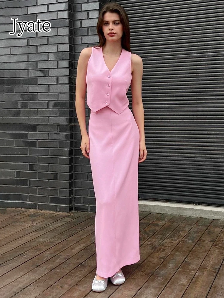 Jyate 2024 Fashion Sleeveless Crop Top + High Waist Long Skirts 2 Pieces Sets Summer Slim Pink Skirt Sets Women Office Outfit