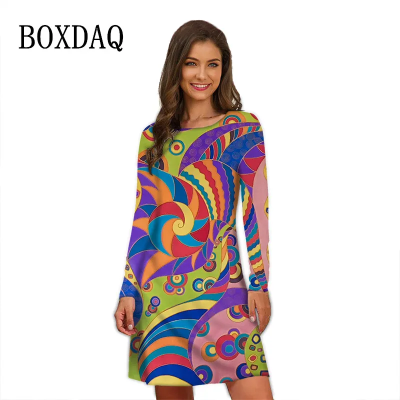 Colorful Abstract Women Dress Elegant Casual 3D Geometry Pattern Print Dress Loose Oversize Autumn Clothing Fashion Street Dress