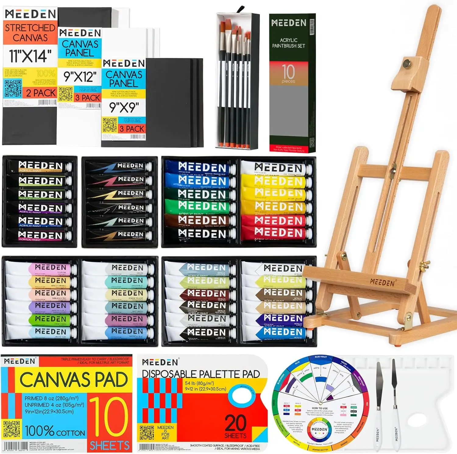 den Acrylic Painting Kit, 72-Piece Acrylic Paint Set With Tabletop Wooden Easel, 48 Acylic Paints, 10 Painting Brush Set,