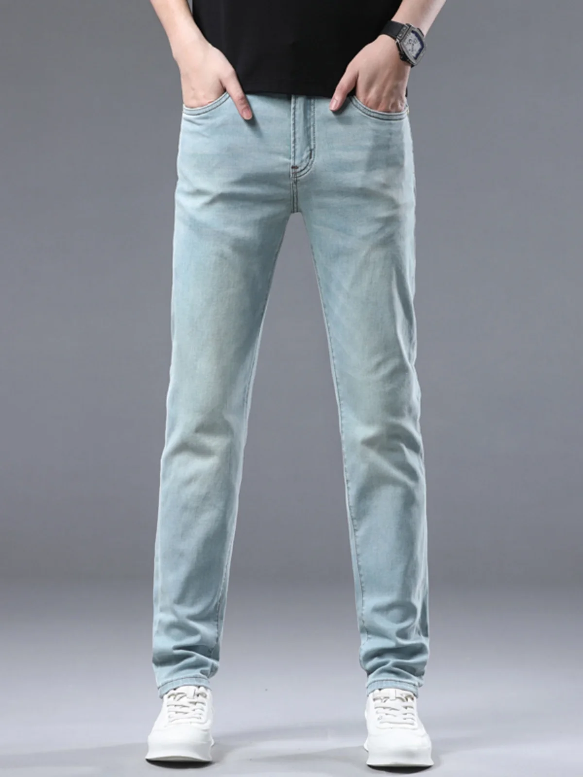 

Light Blue Men's Jeans Straight Leg Casual Summer Faion Ci Wear Resistant Cotton Stretch Fabric mid Waist Five kets