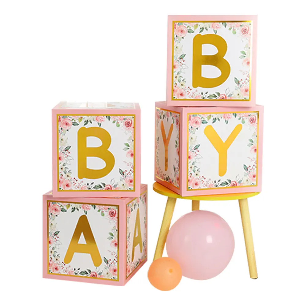 4 Pcs Baby Boxes with Letters, Floral Pink Baby Shower Backdrop Blocks Box Birthday Party Gender Reveal Decor Balloon Blocks.