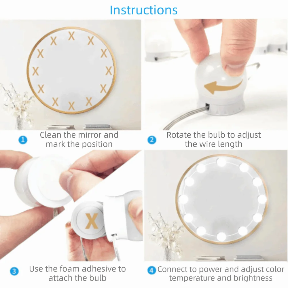 6pcs/12pcs USB Powered Vanity Mirror Lights Tri-Color Dimmable Wall Mounted Makeup Mirror Bulbs LED Mirror Front Lights