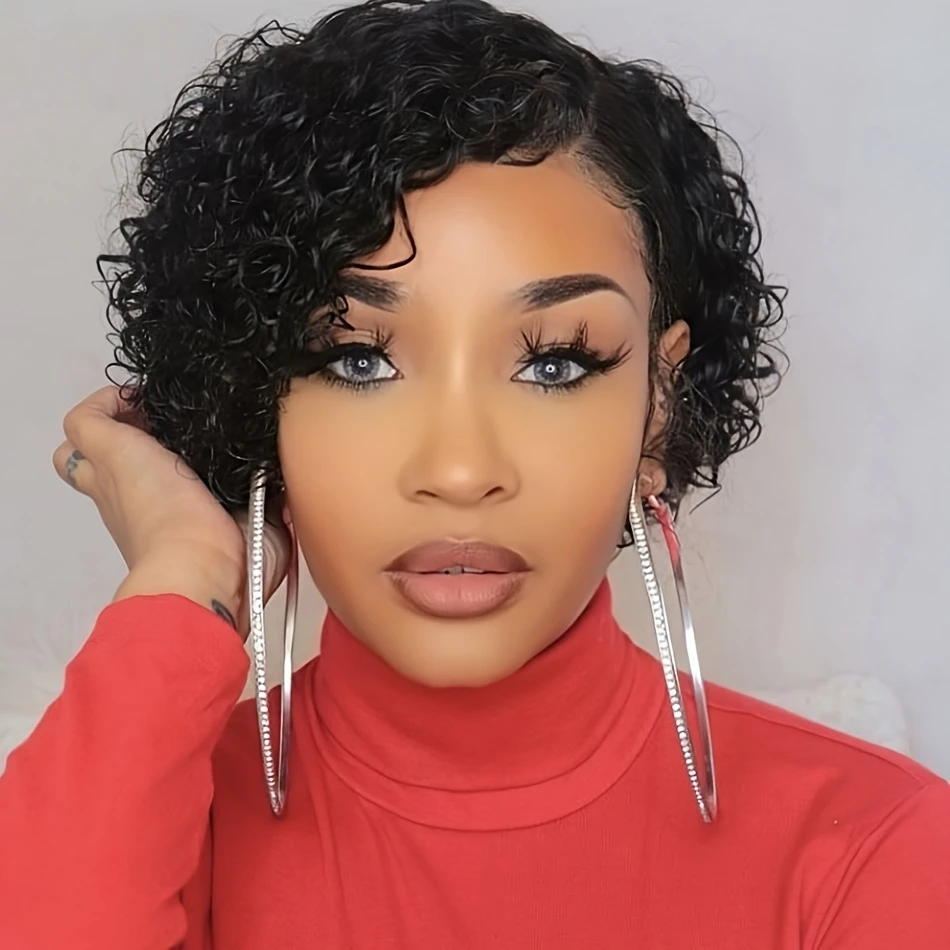 Deep Wave Curly Wave Pixie ตัดวิกผมผู้หญิง 13x1 T ลูกไม้ด้านหน้าวิกผมผมมนุษย์ผู้หญิง Pre - plucked Jerry Curl Human Hair