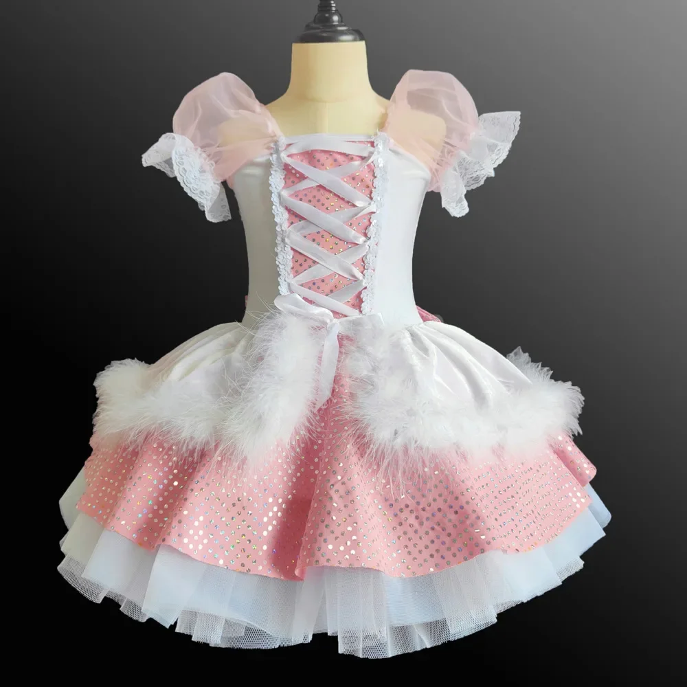 Romantisches Tutu-Ballett, professionelles rosa Kostüm mit Blumen, Performance-Mädchen, Kaninchen, Kind, gepunktet, Ballerina, Netzrock, Glitzer