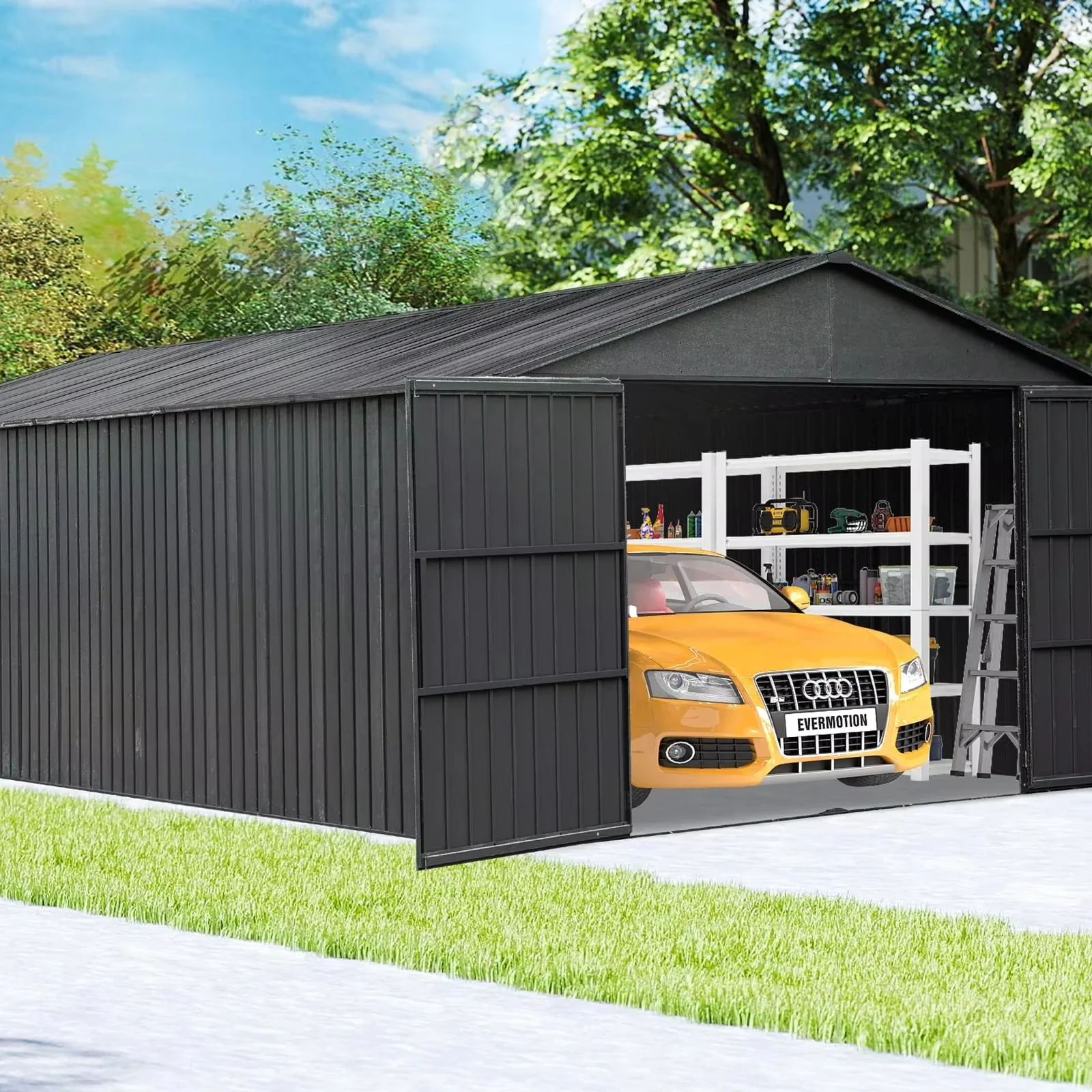 ！@12x20FT Outdoor Metal Garage Canopy Carport Lockable Double Hinged Doors Heavy Duty Shelter for Car Motorcycle Lawn