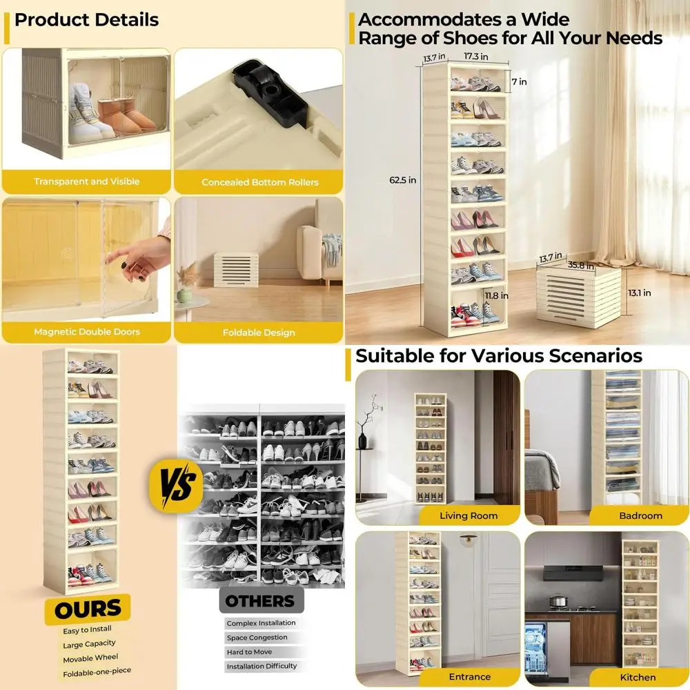 

Collapsible Shoe Rack Organizer with Clear Door for Easy Assembly and Storage in Entryway, Bedroom, Living Room