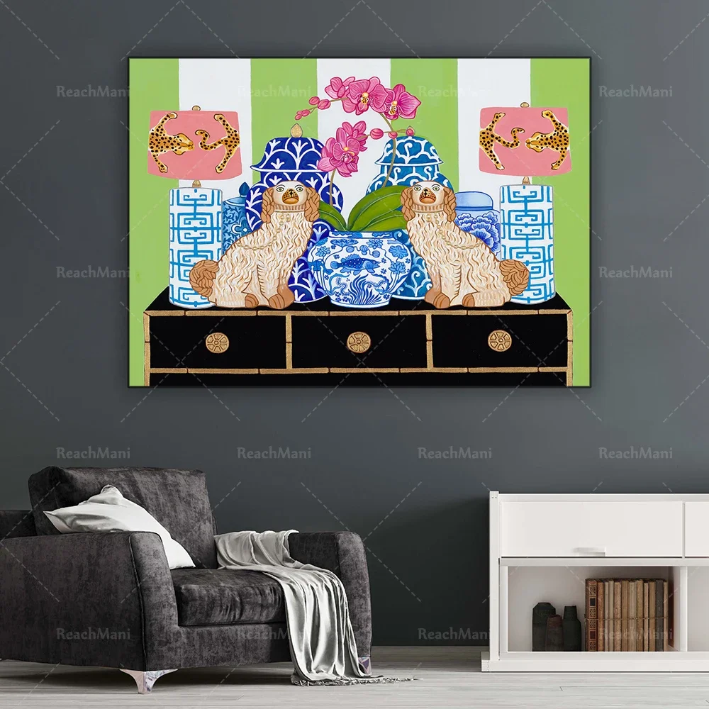 

Blue Art Printed Staffordshire Dog, Orchid, Monstera Leaf and Ginger Pot, Art Printed Chinese Style Staffordshire Dog Decorative