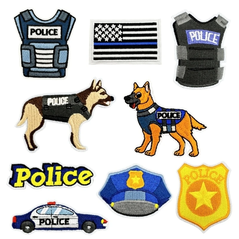 Parches para planchar, ropa de policía de dibujos animados, sombrero, perro de policía, insignia bordada, parche, bolsa de ropa para abanico, insignia conmemorativa DIY