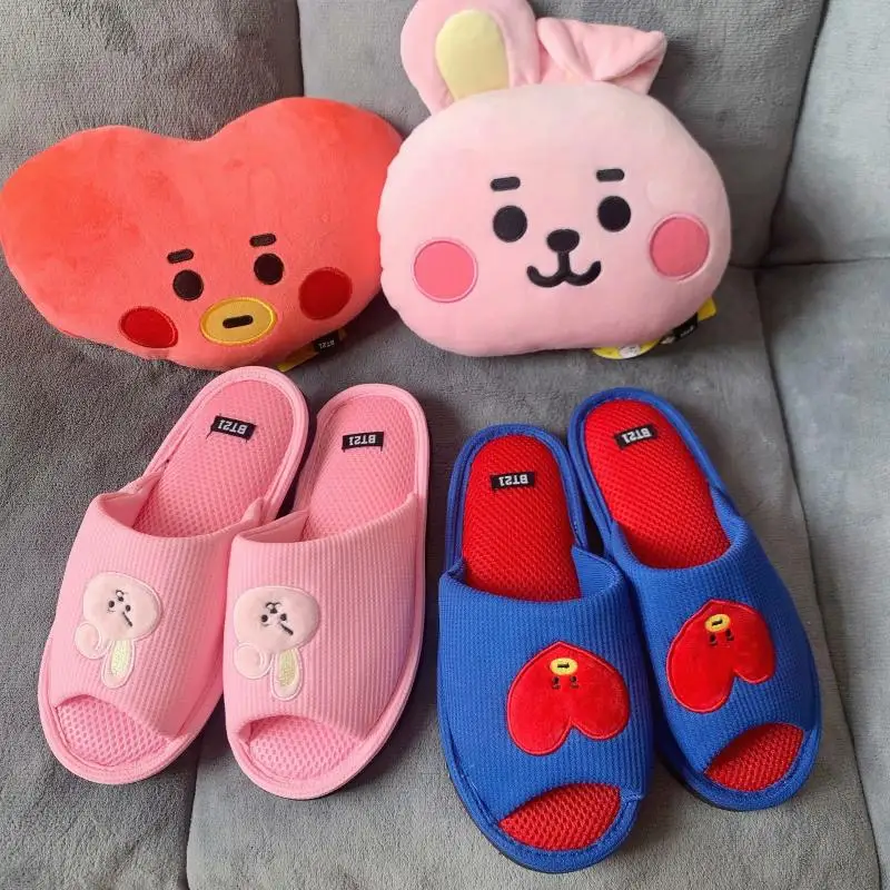 Kawaii Bt21 Anime Peripheral Shooky Cooky Chimmy Mesh Anti-Slip Home Shoes Cute Girls Y2K Autumn Comfortable Cotton Slippers