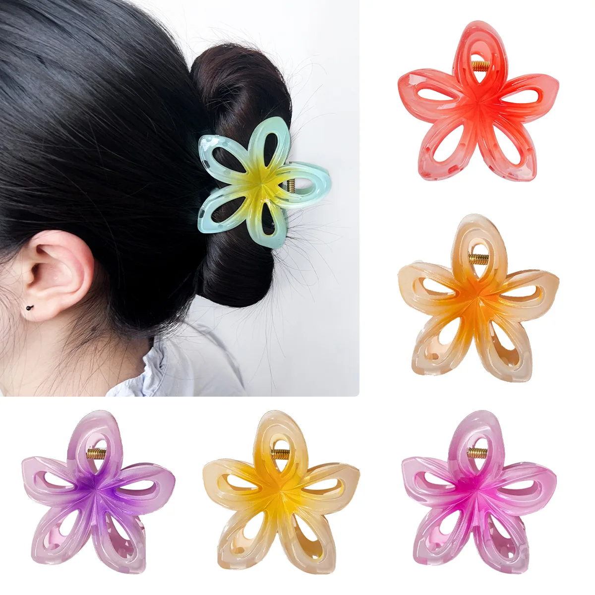 The new hollow out gradual change color flower color plastic hairpin fashionable and beautiful grab clip girl cute hair accessories