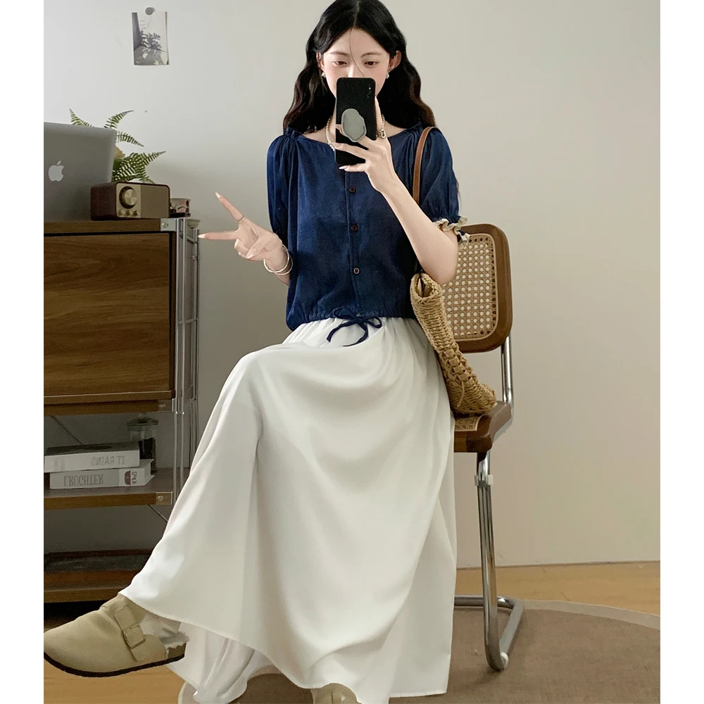 

Summer 2026 Color Block Design Sense Set Short Versatile Shirt Half Skirt Two Piece Set Female Fashionable Ensemble Series