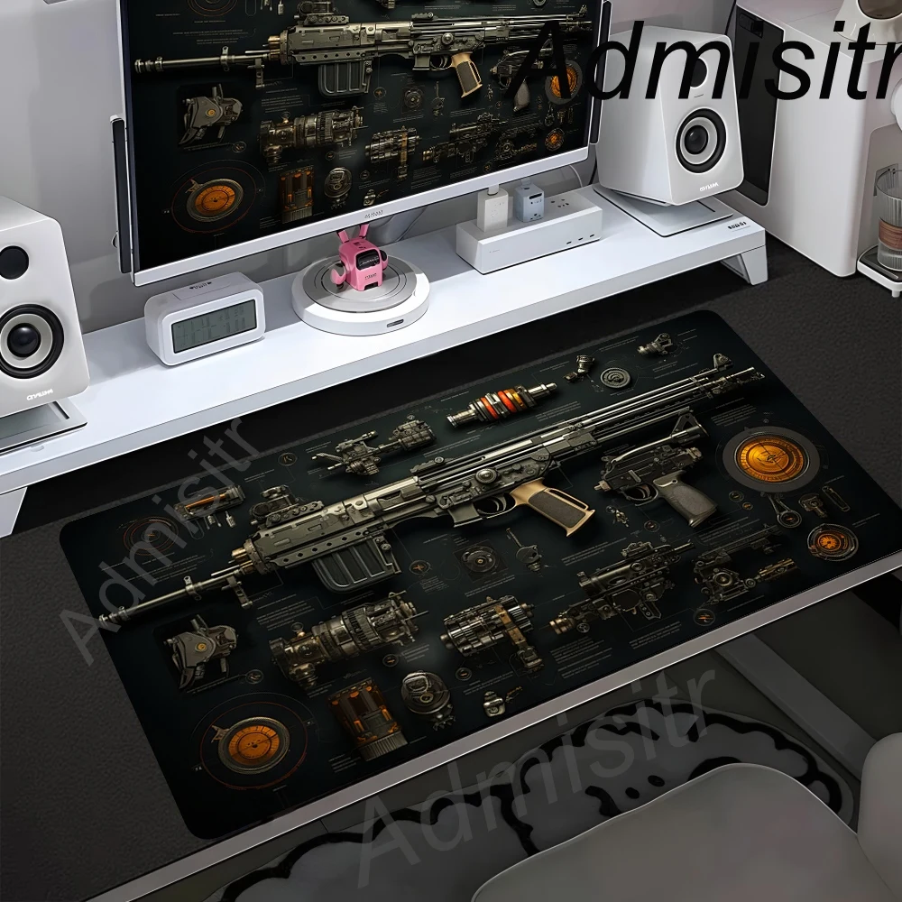 Gaming-Mauspad XXL mit Waffenmotiv, Rutschfeste Gummiunterlage, Computermatte für Gamer, Schreibtischunterlage mit Genähtem Rand, Großes Büro-Gaming-Mauspad