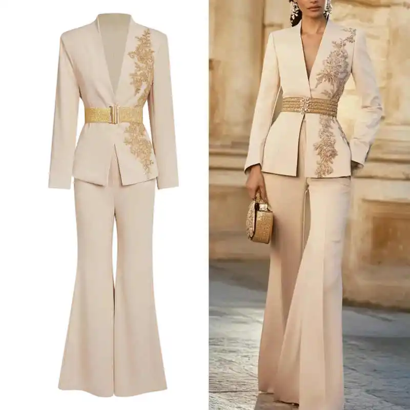 

Fashion Women Suits 2 Pieces Slim Fit Blazer Pants Appliques One Button V-Neck Formal Business Party Banquet Blazer Customized