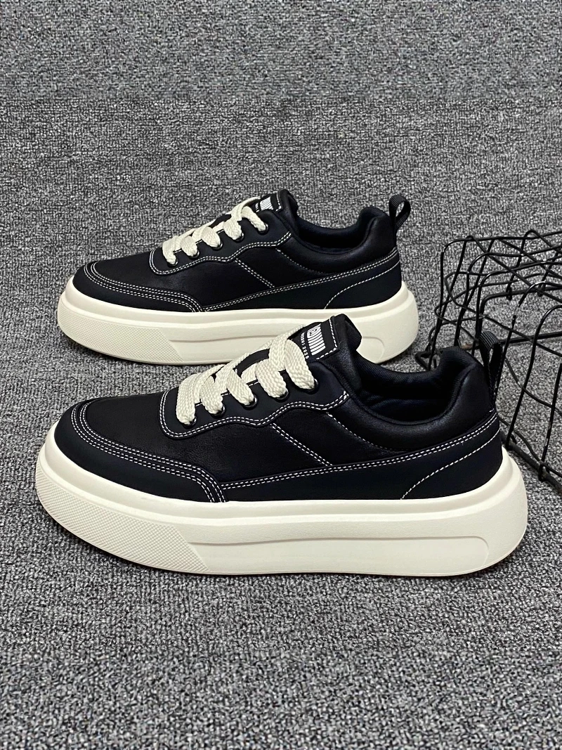 

Men's Casual Thick Bottom Work Shoes Leather Upper Waterproof Black Sport Board Shoes for Office And Work Spring Summer