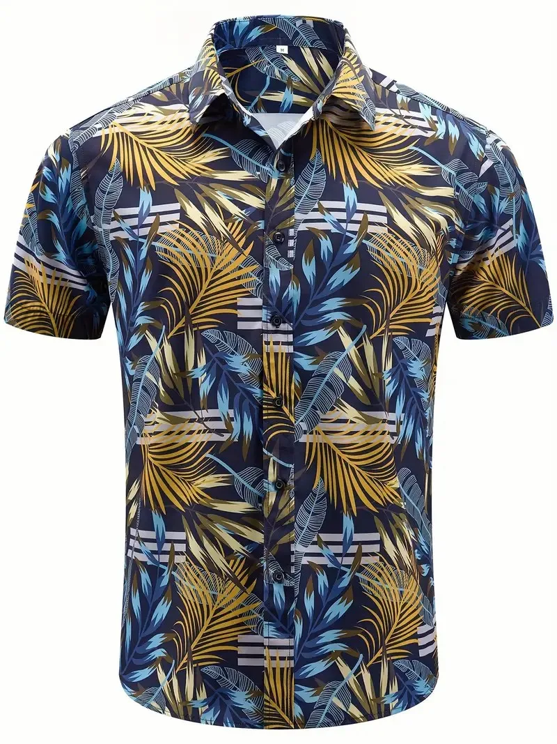 Hawaiian Print Summer Men's Lapel Shirt Short Sleeve Loose Casual Quick Dry Fabric Seaside Beach Holiday Shirt Tops Plus Size