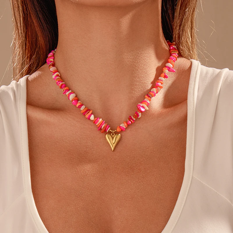 PRISCA | Natural Stone Heart Pendant Necklace Stainless Steel Women Colored Pink Jewelry 18k Gold Hot Sale New