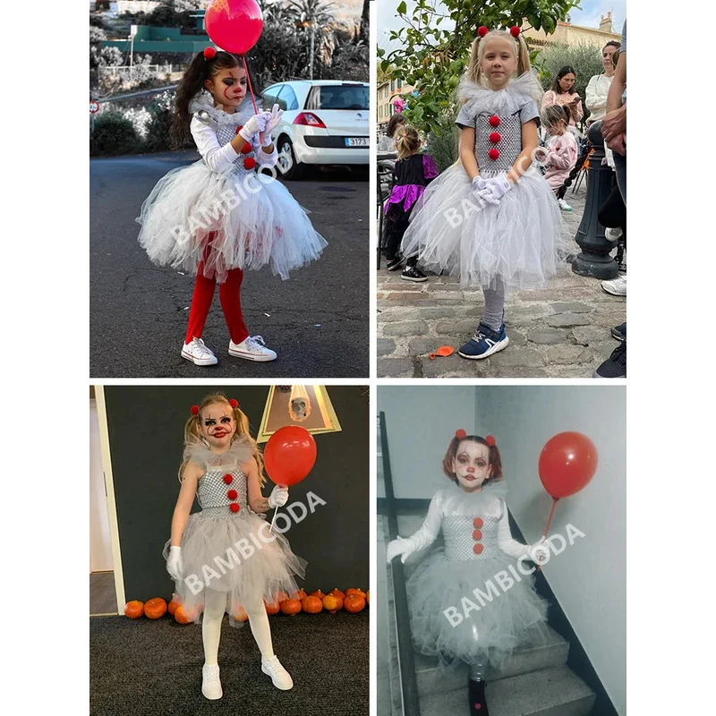 RT01 Fancy Gray Joker Dress Pennywise Tutu Dress Creepy Clown Kids Carnival Party Cosplay Clothing Children Halloween Girls &Gf1