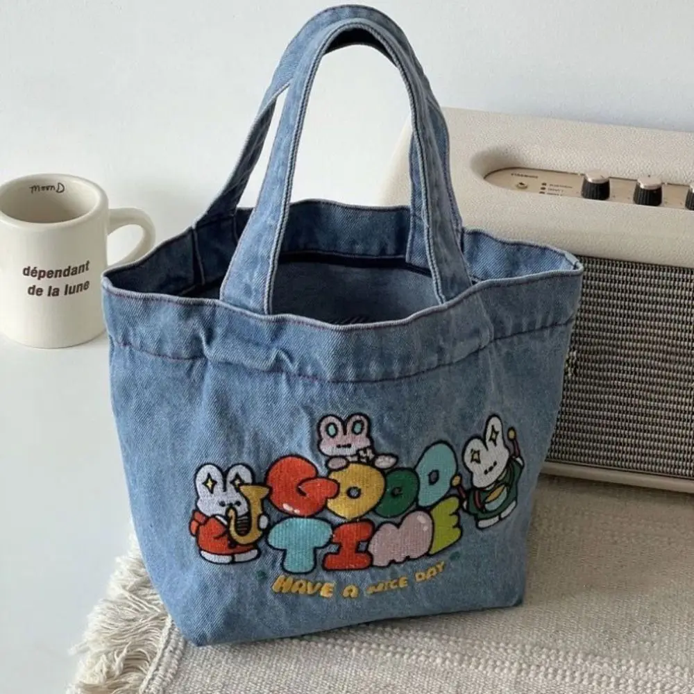 Cartoon Embroidery Lunch Bag Cute Large Capacity Washed Denim Handbag Food Storage Picnic Pouch Outdoor