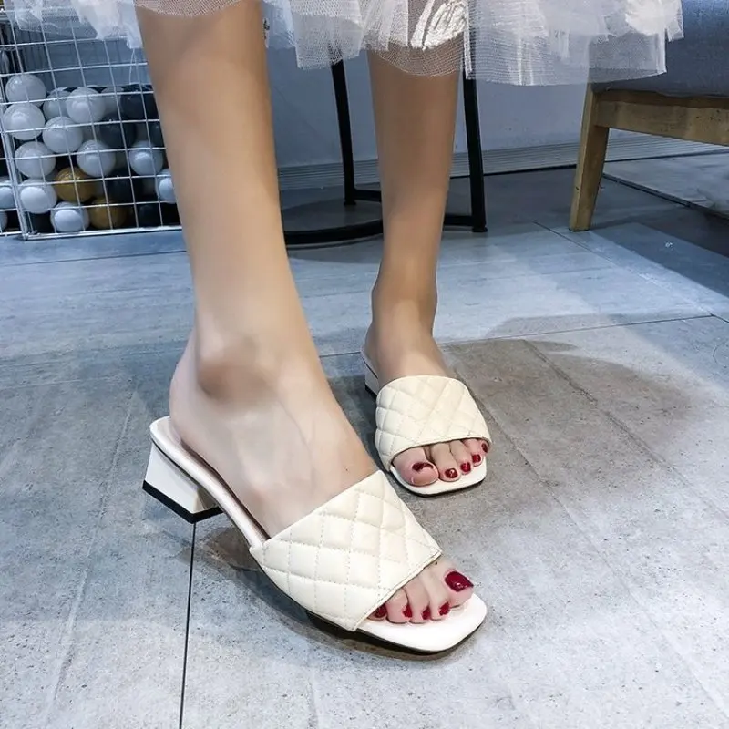 

2024 New Real Leather Kitten Heels Slippers Women One Strap Peep Toe Square Toe Slippers Women Casual English Style Fashion