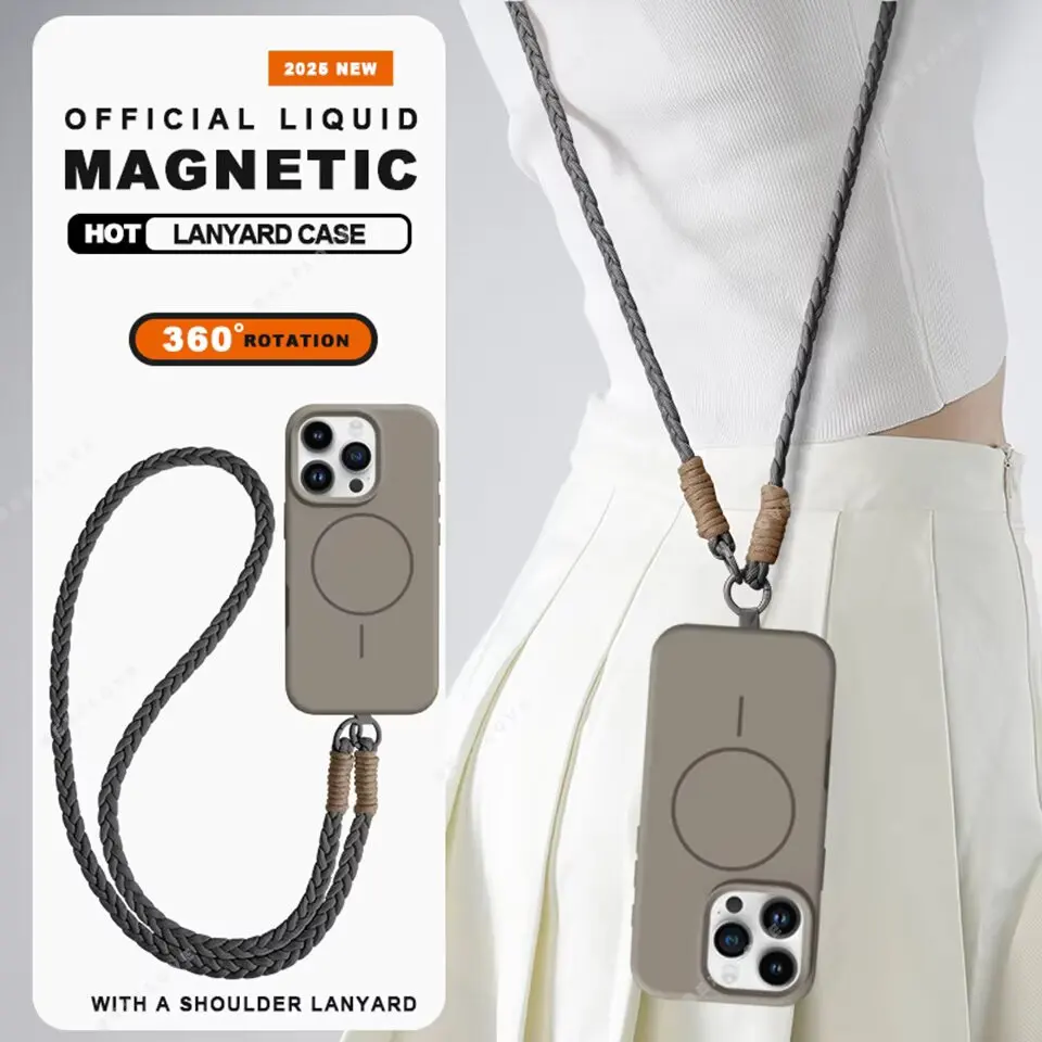 

Длинный ремешок через плечо, магнитный жидкий силиконовый чехол для телефона для iPhone 15, 14, 16 Plus, 11, 12, 13, 16 Pro Max, защитный мягкий чехол на ремешке