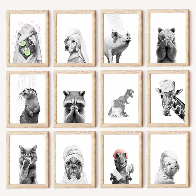 Cute Raccoon Bathroom Prints Posters Abstract Black and White Animal Decor Canvas Painting Bathroom Wall Art Picture Room Decor