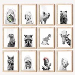 Cute Raccoon Bathroom Prints Posters Abstract Black and White Animal Decor Canvas Painting Bathroom Wall Art Picture Room Decor